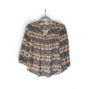Timing Womens Blouse Small Beige Gray Ikat Boho Peasant 3/4 Sleeve Top